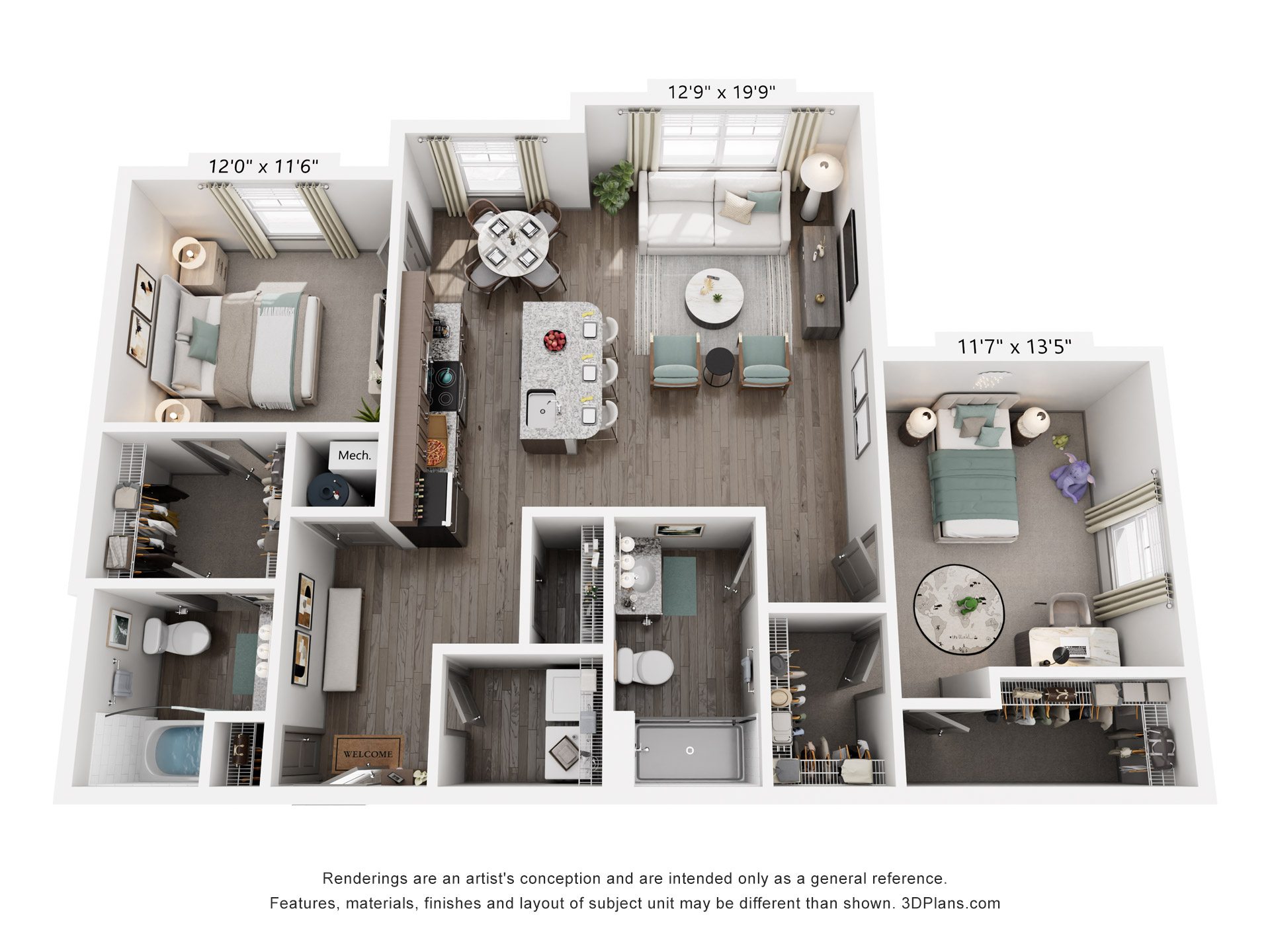 Floor plan for 2 beds, 2 baths, 1270 sqft